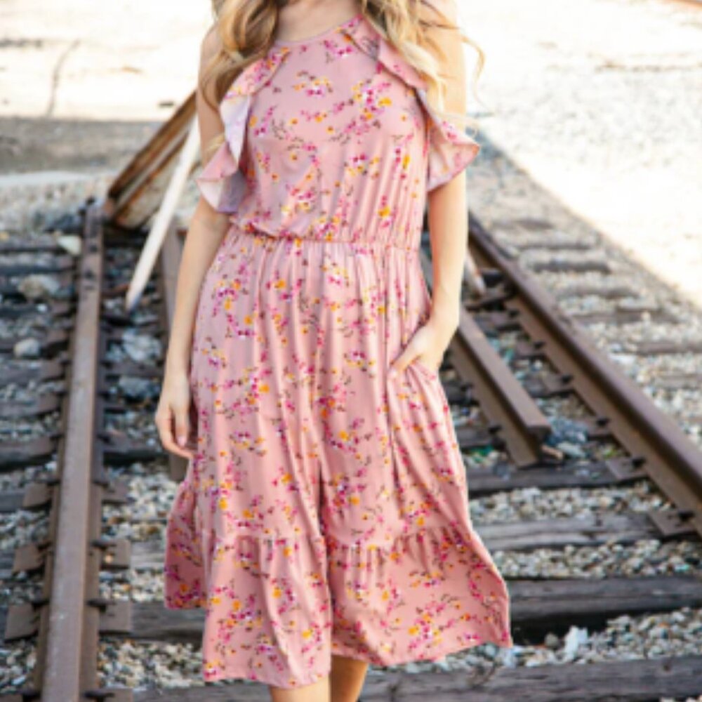 Rose Floral Halter Ruffle Hem Pocketed Midi Dress